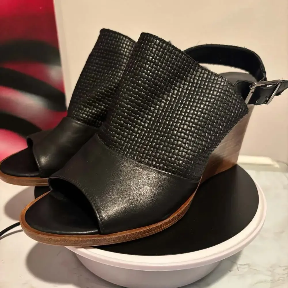 Sophia Milano Black Leather Woven Peep Toe Wedge Sandals